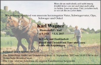Traueranzeige von Karl Wagner von  Gießener Anzeiger
