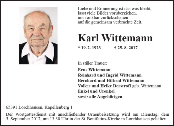Traueranzeige von Karl Wittemann von Trauerportal Rhein Main Presse