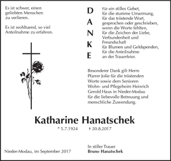 Traueranzeige von Katharine Hanatschek von Trauerportal Echo Online
