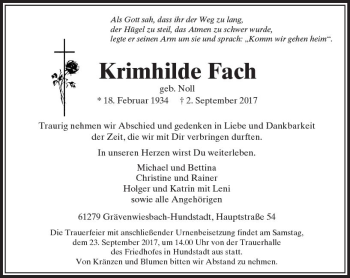 Traueranzeige von Krimhilde Fach von  Usinger Anzeiger