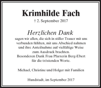 Traueranzeige von Krimhilde Fach von  Usinger Anzeiger