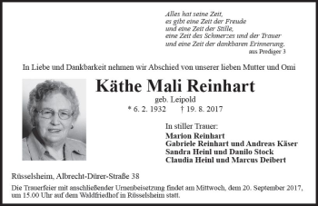 Traueranzeige von Käthe Mali Reinhart von Trauerportal Rhein Main Presse