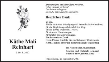 Traueranzeige von Käthe Mali Reinhart von Trauerportal Rhein Main Presse