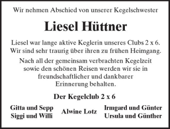 Traueranzeige von Liesel Hüttner von  Kreisanzeiger