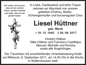 Traueranzeige von Liesel Hüttner von  Kreisanzeiger
