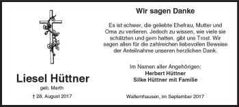 Traueranzeige von Liesel Hüttner von  Kreisanzeiger