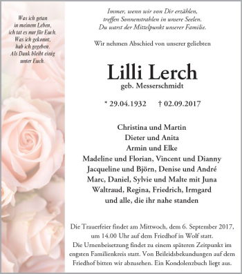 Traueranzeige von Lilli Lerch von  Kreisanzeiger