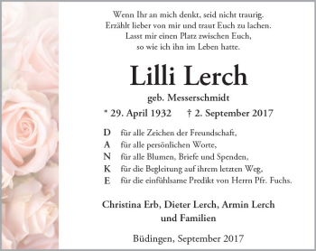 Traueranzeige von Lilli Lerch von  Kreisanzeiger
