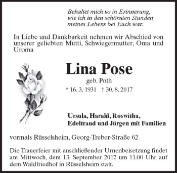 Traueranzeige von Lina Pose von Trauerportal Rhein Main Presse