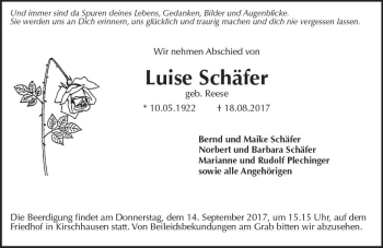 Traueranzeige von Luise Schäfer von Trauerportal Echo Online
