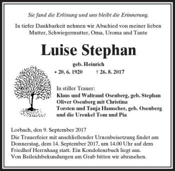 Traueranzeige von Luise Stephan von  Kreisanzeiger