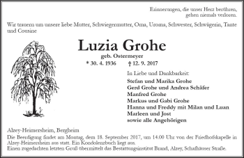 Traueranzeige von Luzia Grohe von Trauerportal Rhein Main Presse