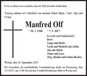 Traueranzeige von Manfred Olf von Trauerportal Rhein Main Presse