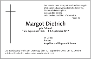 Traueranzeige von Margot Dietrich von Trauerportal Rhein Main Presse