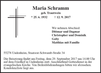 Traueranzeige von Maria Schramm von Trauerportal Rhein Main Presse