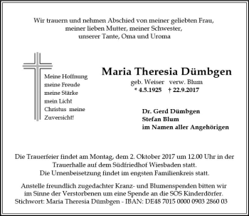 Traueranzeige von Maria Theresia Dümbgen von Trauerportal Rhein Main Presse