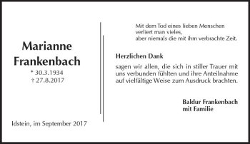 Traueranzeige von Marianne Frankenbach von Trauerportal Rhein Main Presse
