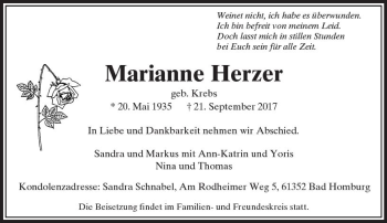 Traueranzeige von Marianne Herzer von  Usinger Anzeiger