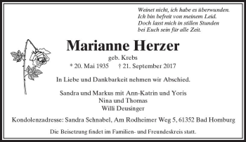 Traueranzeige von Marianne Herzer von  Usinger Anzeiger