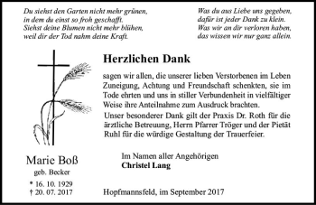 Traueranzeige von Marie Boß von VRM Trauer