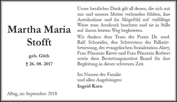 Traueranzeige von Martha Maria Stofft von Trauerportal Rhein Main Presse