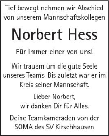 Traueranzeige von Norbert Hess von Trauerportal Echo Online