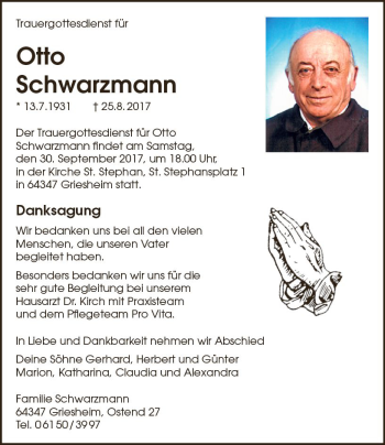 Traueranzeige von Otto Schwarzmann von Trauerportal Echo Online