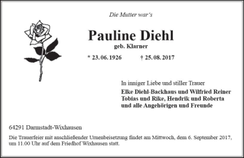Traueranzeige von Pauline Diehl von Trauerportal Echo Online