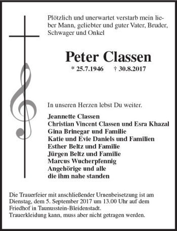 Traueranzeige von Peter Classen von Trauerportal Rhein Main Presse