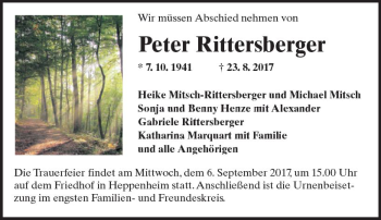 Traueranzeige von Peter Rittersberger von Trauerportal Echo Online