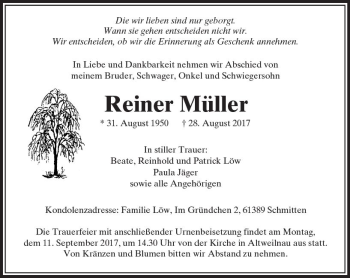 Traueranzeige von Reiner Müller von  Usinger Anzeiger