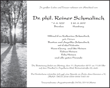 Traueranzeige von Reiner Schmalisch von Trauerportal Rhein Main Presse