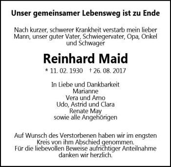 Traueranzeige von Reinhard Maid von  Gießener Anzeiger