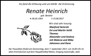 Traueranzeige von Renate Heinrich von Trauerportal Rhein Main Presse