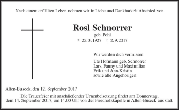 Traueranzeige von Rosl Schnorrer von  Gießener Anzeiger