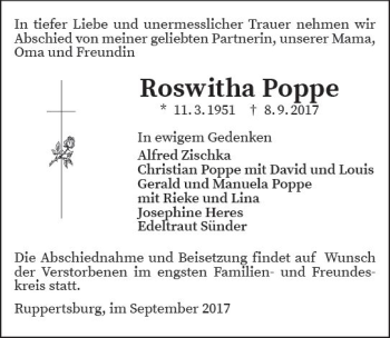 Traueranzeige von Roswitha Poppe von  Gießener Anzeiger