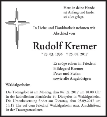Traueranzeige von Rudolf Kremer von Trauerportal Rhein Main Presse