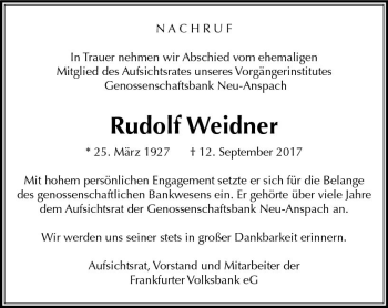 Traueranzeige von Rudolf Weidner von  Usinger Anzeiger