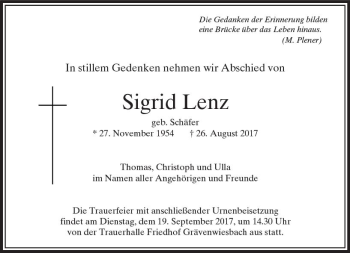 Traueranzeige von Sigrid Lenz von  Usinger Anzeiger