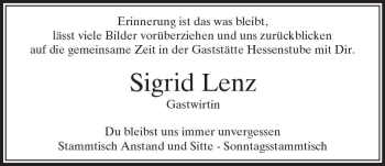 Traueranzeige von Sigrid Lenz von  Usinger Anzeiger
