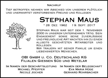 Traueranzeige von Stephan Maus von  Gießener Anzeiger