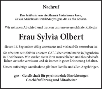 Traueranzeige von Sylvia Olbert von Trauerportal Rhein Main Presse