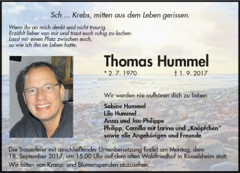 Traueranzeige von Thomas Hummel von Trauerportal Rhein Main Presse
