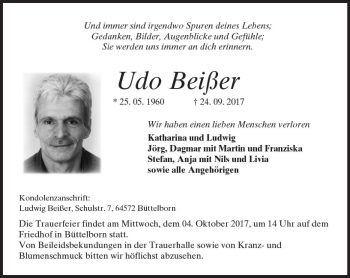 Traueranzeige von Udo Beißer von Trauerportal Echo Online