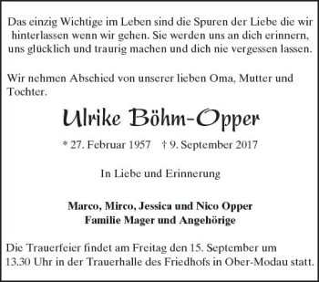 Traueranzeige von Ulrike Böhm-Opper von Trauerportal Echo Online