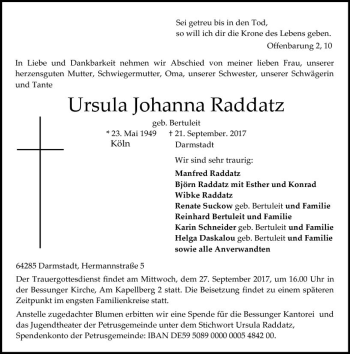 Traueranzeige von Ursula Johanna Raddatz von Trauerportal Echo Online