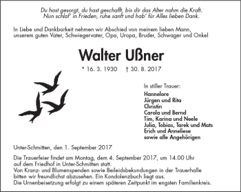 Traueranzeige von Walter Ußner von  Kreisanzeiger