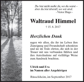 Traueranzeige von Waltraud Himmel von Trauerportal Rhein Main Presse