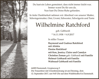 Traueranzeige von Wilhelmine Ratchford von Trauerportal Echo Online