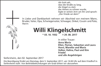 Traueranzeige von Willi Klingelschmitt von Trauerportal Rhein Main Presse